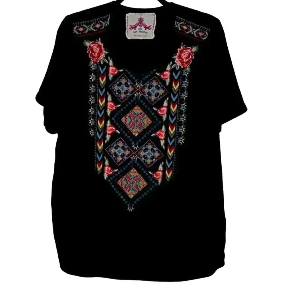Johnny Was Jody Black Velvet Floral Embroidered Short Sleeve Blouse Small Boho